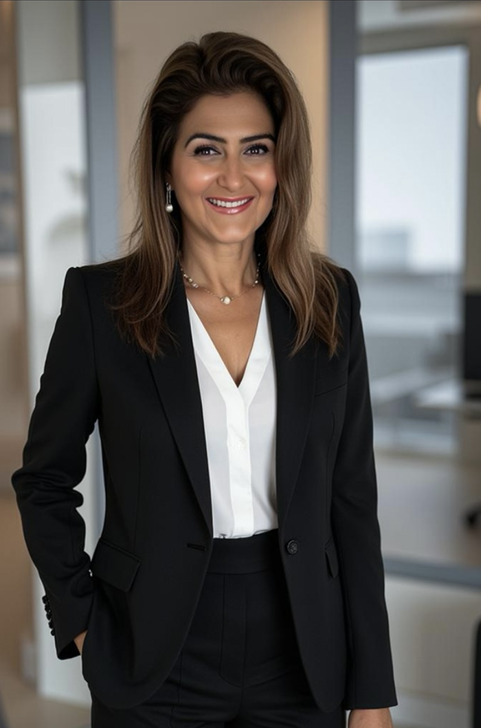 The image features a woman standing in an office environment, dressed in professional attire with a confident smile, posing for a portrait.